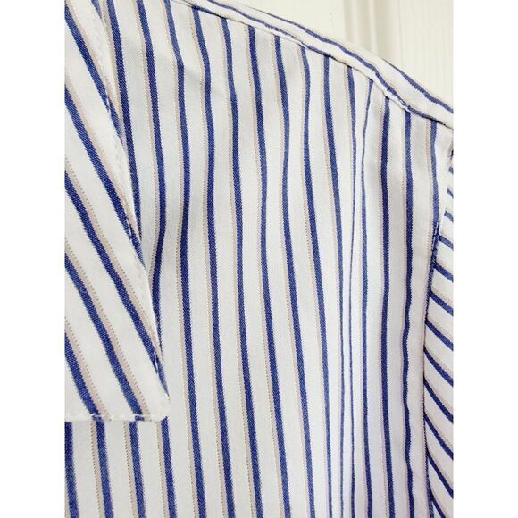 Chico's 3 White/Blue Striped Blouse Button Down XL Silver Metallic Accent Stripe - Picture 5 of 6